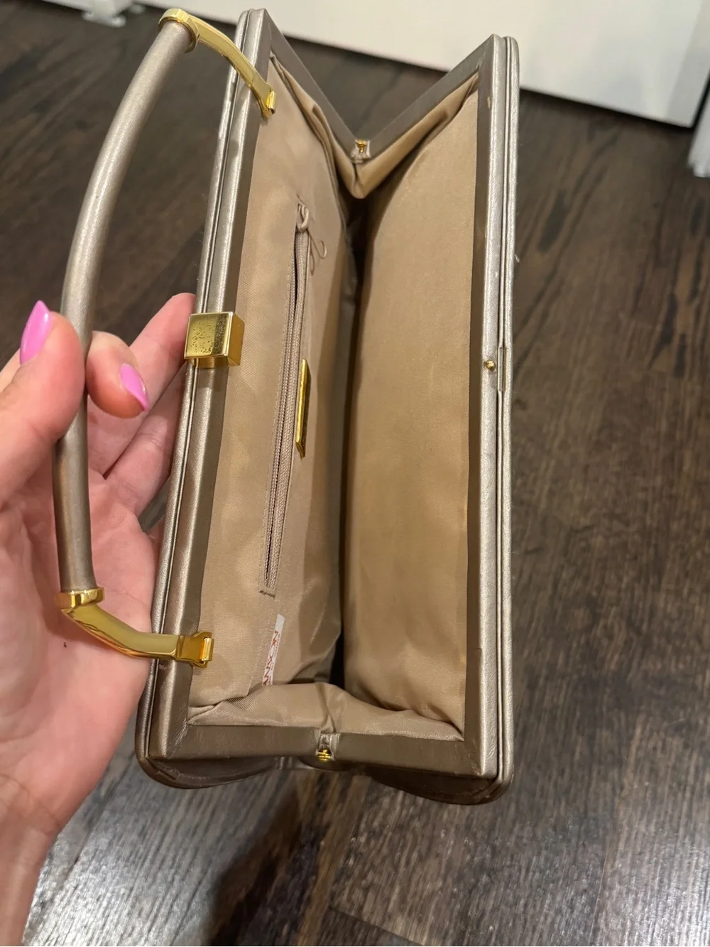 Vintage Ganson Metallic Woven Top Handle Clutch Purse Champagne Gold Evening Bag